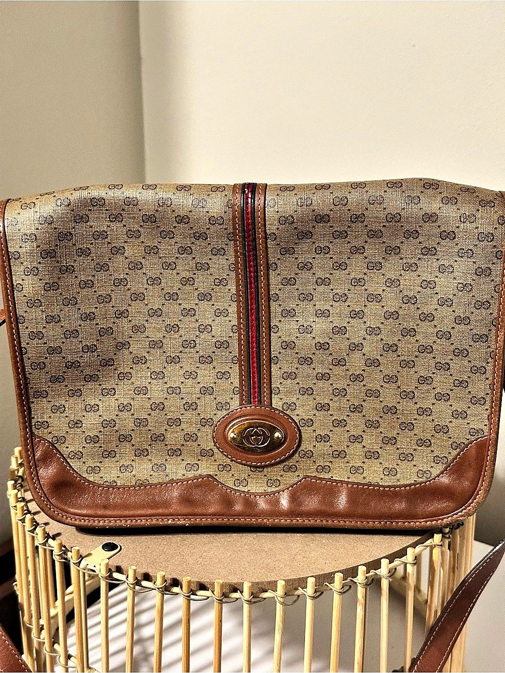 Gucci Vintage Micro GG Supreme Web Stripe Flap Shoulder Bag Brown & Beige